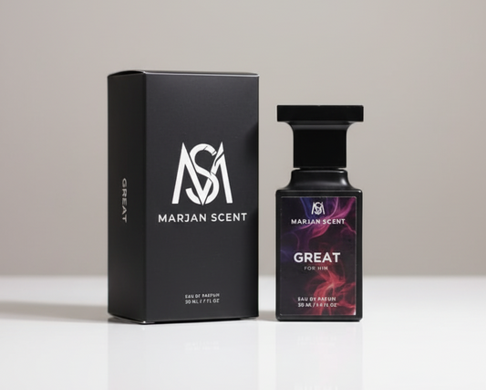 Marjan Scent perfume bottle and packaging on a white surface with a light gray background