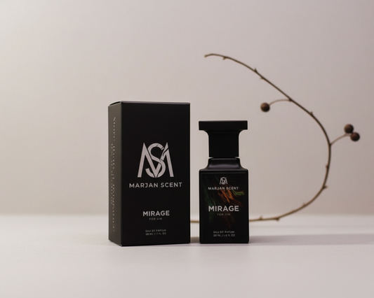 Marjan Scent Mirage perfume bottle and packaging on a white surface with a minimal background
