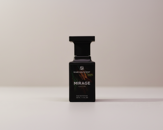 Perfume bottle labeled 'Mirage' by Marjan Scents on a white background
