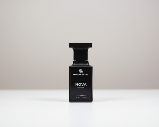 Black perfume bottle labeled 'NOVA' on a white surface with a light gray background