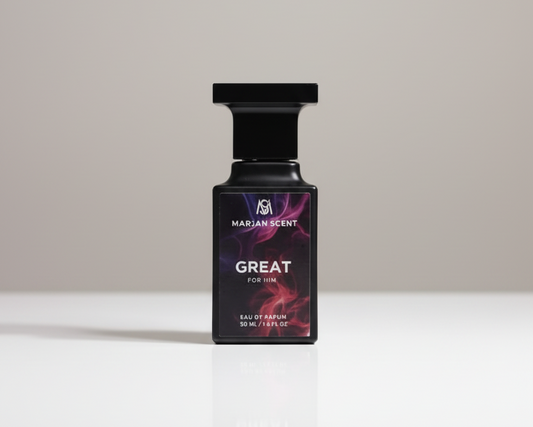 Perfume bottle labeled 'Great' by a brand on a white surface with a light gray background